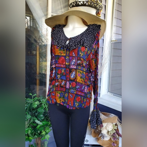 VTG 70s-80s Kaktus Rayon Multicolored Floral Boho Hippie Longsleeved Blouse Top - Picture 8 of 8
